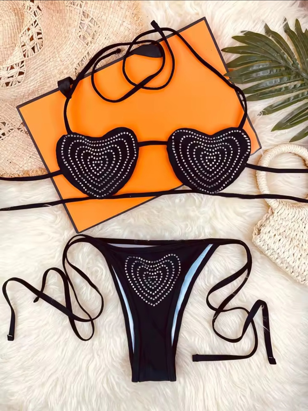 Black Heart-Embellished String Bikini Set - Women Swim